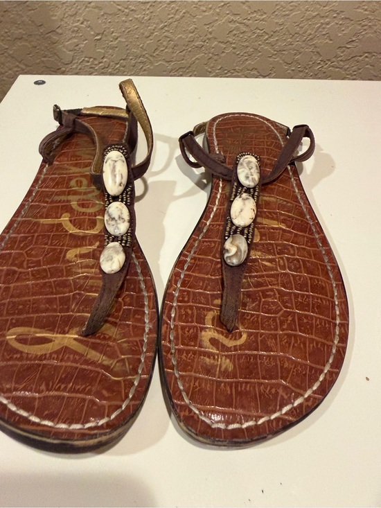 Sam Edelman Shoes - Sam Edelman Brown T-Strap Sandal with Cream Marbled Bead Accents